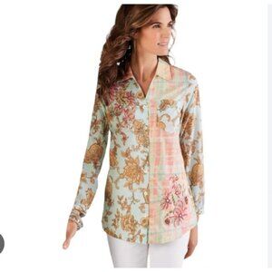 Soft Surroundings Pastel Floral Patchwork Button-Down Blouse